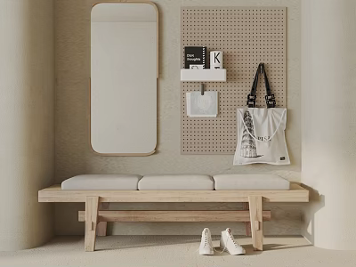 Wooden Cushioned Bench in Minimalist Entryway With Mirror Pegboard Hanging Bag and Shoes 3d model