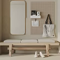 Wooden Cushioned Bench in Minimalist Entryway With Mirror Pegboard Hanging Bag and Shoes