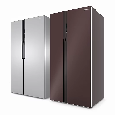 Modern Double Door Refrigerators In Silver And Dark Brown Kitchen Appliances 3d model