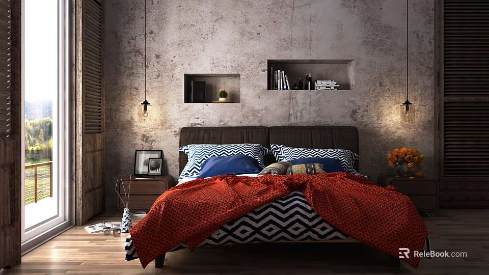 Industrial Style Double Bed Interior With Orange Blanket Textured Wall Niche Shelves And Pendant Lights 3d model 