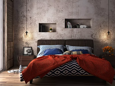Industrial Style Double Bed Interior With Orange Blanket Textured Wall Niche Shelves And Pendant Lights 3d model