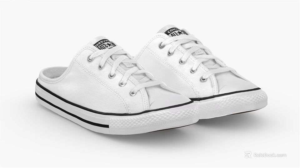 Classic White Canvas Slip On Shoes With Lace Up Design And Black Sole 3d model 