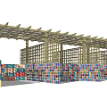 Wooden Pergola Structure With Colorful Block Walls And Open Design Elements 3d model