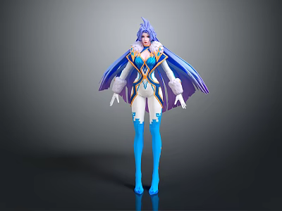 Game And Movie Character With Blue Purple Hair Purple Cloak Blue White Outfit And White Gloves 3d model