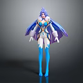 Game And Movie Character With Blue Purple Hair Purple Cloak Blue White Outfit And White Gloves