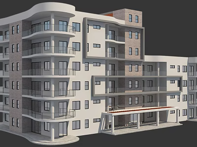 Modern Residential Building With White And Brown Brick Exterior Multiple Floors Balconies And Large Windows 3d model