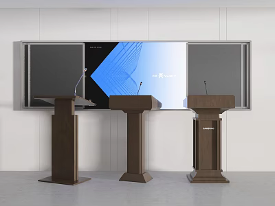 Three Wooden Podiums with Blue Patterned Large Screen in Conference Room 3d model