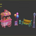 Vintage Ice Cream Cart Scene With Awning Menu Board Balloons Bench And Street Lamp