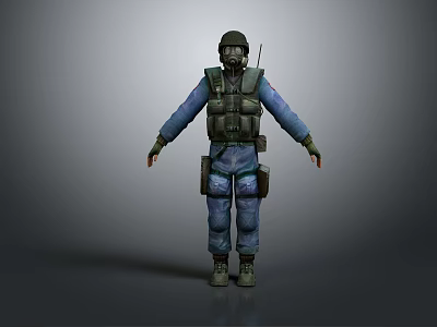 Tactical Military Character in Blue Uniform With Helmet Gas Mask and Tactical Vest Gear 3d model