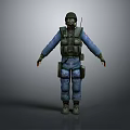 Tactical Military Character in Blue Uniform With Helmet Gas Mask and Tactical Vest Gear