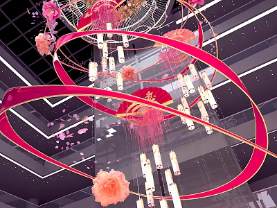 Elegant Pendant Decoration With Red Circular Rings Pink Flowers Hanging Lights And Falling Petals 3d model