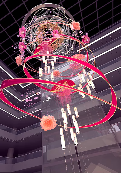 Elegant Pendant Decoration With Red Circular Rings Pink Flowers Hanging Lights And Falling Petals 3d model