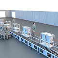 Workers Operating Industrial Equipment On Assembly Line With Conveyor Belt In Factory