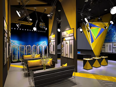Modern Exhibition Space Interior With Yellow Black Geometric Decor Sofa And Chandeliers 3d model