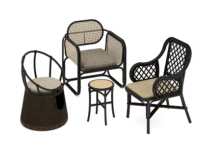 Stylish Rattan Leisure Chairs With Metal Frame Cushioned Seats And Matching Stool Collection 3d model