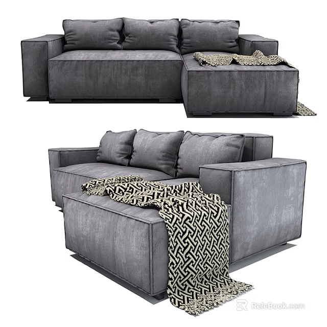 Gray Sectional Sofa With Plush Cushions Geometric Pattern Blanket And Matching Ottoman 3d model
