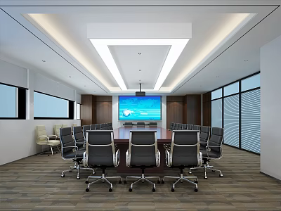 Modern Conference Room Interior With Long Table Black Chairs Large Screen Ceiling Lighting And Windows 3d model