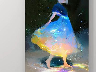 Figure Painting Of Woman In Luminous Gradient Dress With Flowing Skirt Starry Background And Reflective Floor 3d model