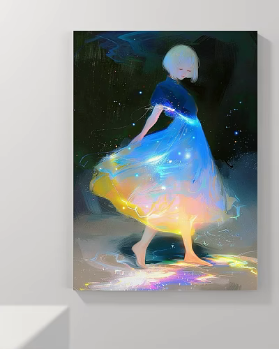 Figure Painting Of Woman In Luminous Gradient Dress With Flowing Skirt Starry Background And Reflective Floor 3d model