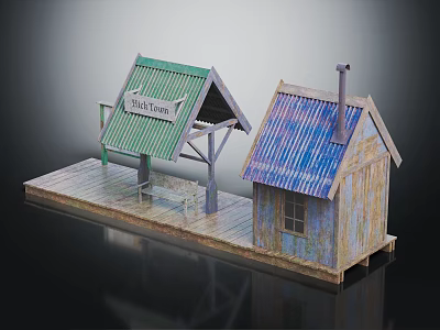 Rustic Post Station Model With Green And Blue Roof Wooden Structure And Platform 3d model