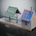 Rustic Post Station Model With Green And Blue Roof Wooden Structure And Platform
