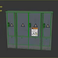 Grey Computer Equipment Cabinet With Multiple Doors Yellow Triangular Warning Signs And Instruction Sticker 3d model