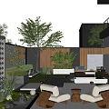 Modern Courtyard Garden Design With Outdoor Seating Green Plants Wooden Screens And Stone Paved Floor