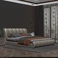 White Leather Upholstered Double Bed with Headboard Nightstand Lamp Curtains Pendant Lights and Gray Rug