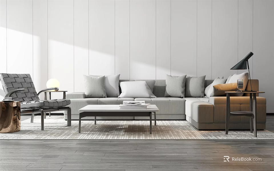 Modern Light Gray Sofa with Plush Cushions and Coffee Table Set in Minimalist Living Room 3d model 