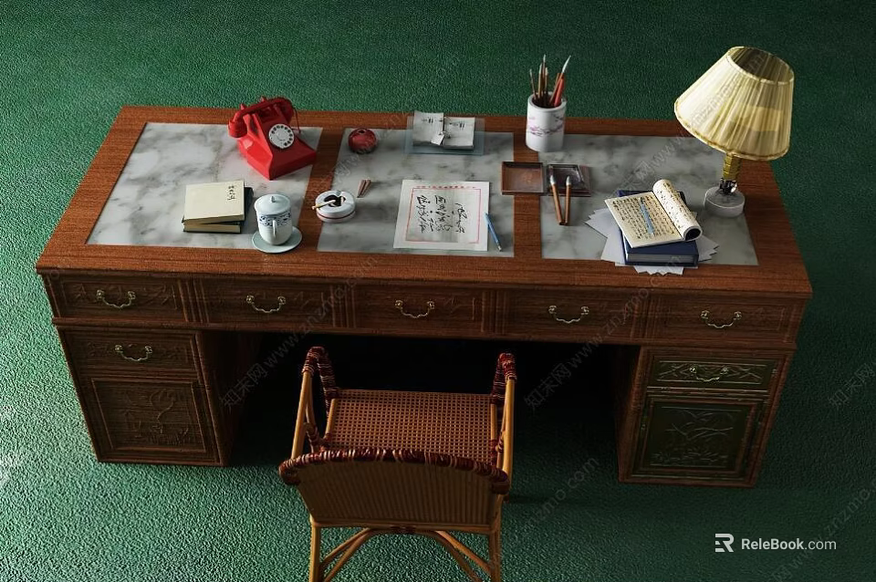Wooden Writing Desk with Marble Top Featuring Red Telephone Lamp Books and Stationery 3d model 