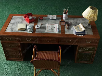 Wooden Writing Desk with Marble Top Featuring Red Telephone Lamp Books and Stationery 3d model