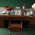Wooden Writing Desk with Marble Top Featuring Red Telephone Lamp Books and Stationery