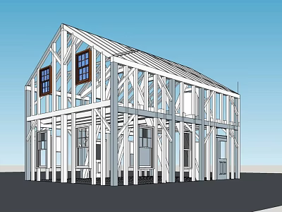Detached House Wooden Frame Structure With Two Story Design And Multiple Windows 3d model