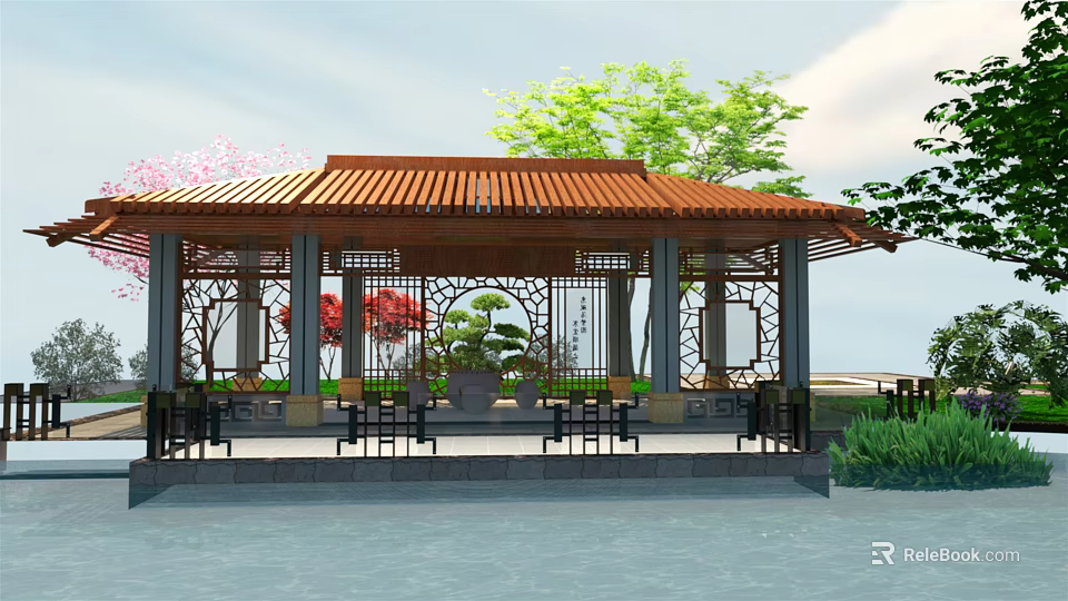 Traditional Chinese Style Pavilion With Red Tiled Roof Wooden Carvings And Green Plants 3d model 