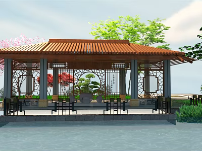 Traditional Chinese Style Pavilion With Red Tiled Roof Wooden Carvings And Green Plants 3d model