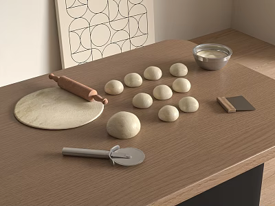 Baking Preparation Setup With Fresh Dough Rolling Pin And Kitchen Tools On Wooden Table 3d model