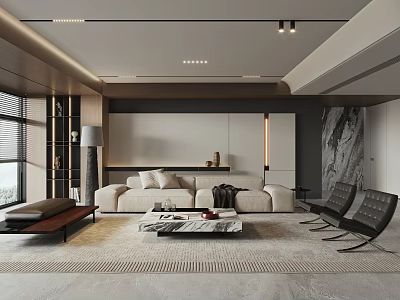 Modern Living Room Interior With White Sofa Coffee Table Black Chairs And Marble Wall Rug 3d model
