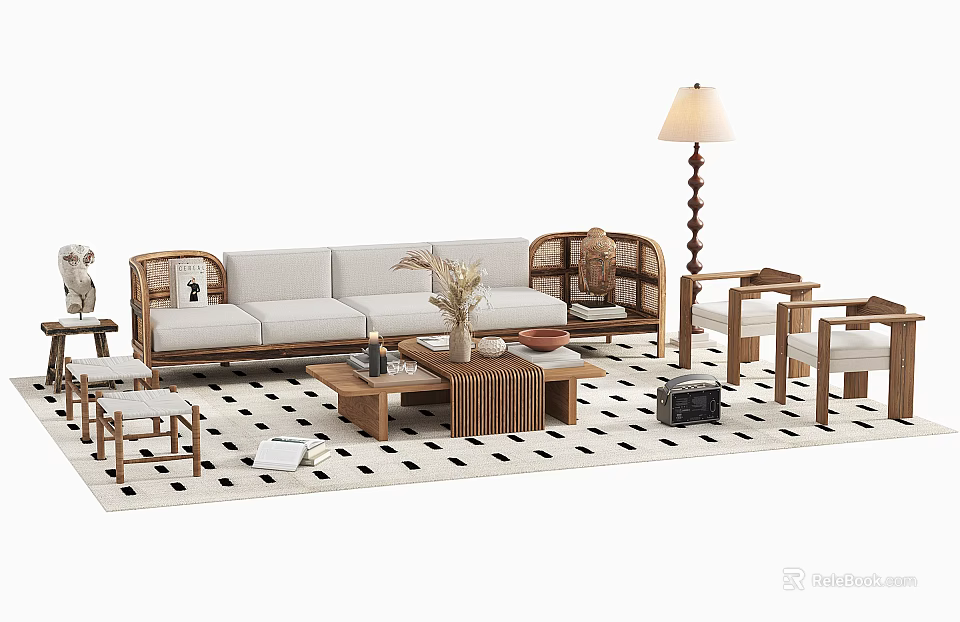 Natural Wooden Sofa And Coffee Table Set With Armchairs Floor Lamp And Decorative Rug 3d model 