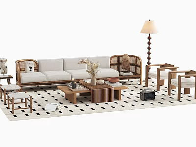 Natural Wooden Sofa And Coffee Table Set With Armchairs Floor Lamp And Decorative Rug 3d model