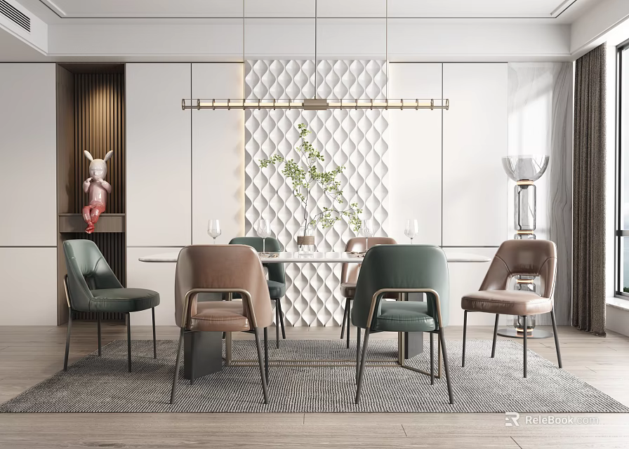 Elegant Modern Restaurant Interior With Dining Table Chairs Decorative Wall And Hanging Lights 3d model 