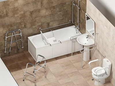 Accessible White Bathtub With Grab Bars Shower Fixture Sink And Toilet In Bathroom 3d model