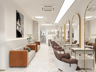 Modern Beauty Salon With White Walls Brown Sofas Gold Framed Mirrors White Chairs Green Plants 3d model