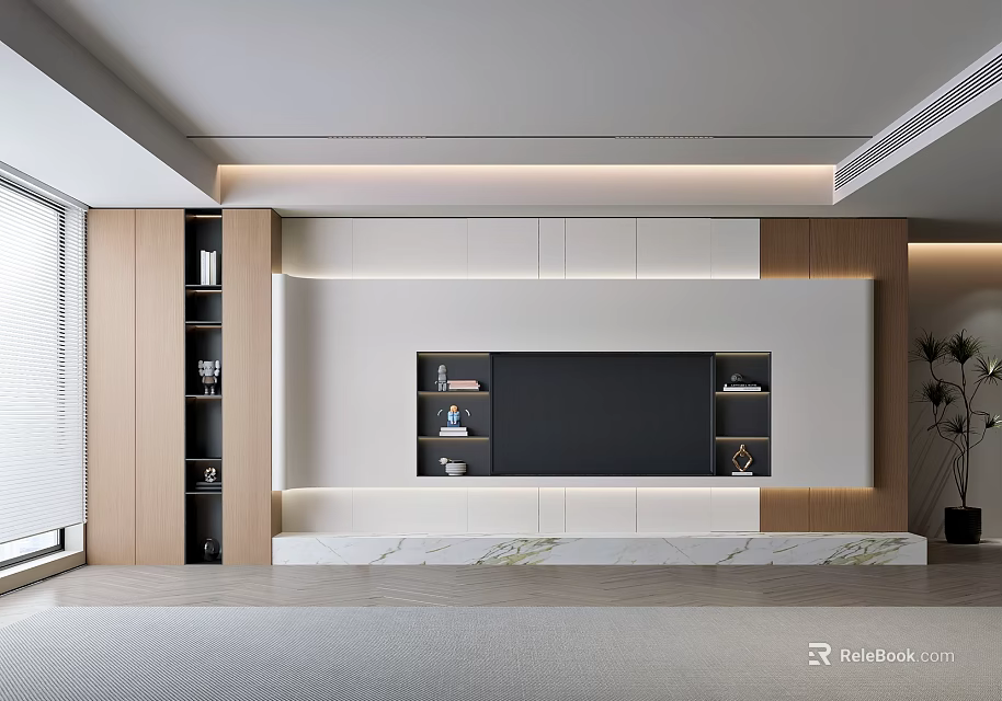 Modern Elegant TV Wall Unit with White Wooden Storage Cabinets LED Lighting and Marble Top 3d model 