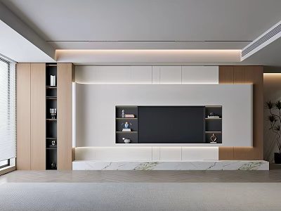 Modern Elegant TV Wall Unit with White Wooden Storage Cabinets LED Lighting and Marble Top 3d model