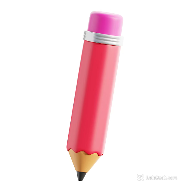 Colorful Pink and Red Pencil With Silver Metal Ring and Yellow Tip Design 3d model 