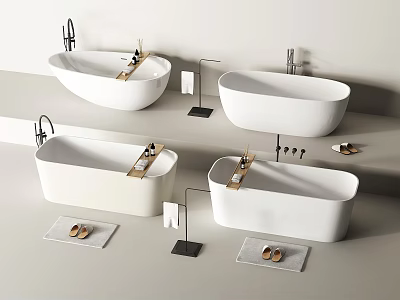 Modern White Bathtubs In Different Styles With Faucet Bath Mat And Slippers 3d model