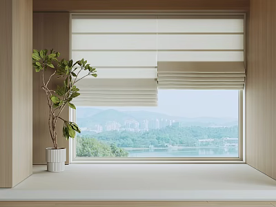 Modern Room Interior With White Beige Roman Blinds Lake City View And Potted Green Plant 3d model