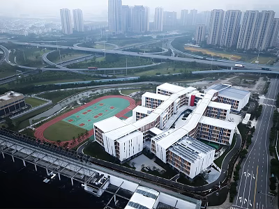 Modern School Building Complex With Red Track Sports Field And Urban Surroundings 3d model