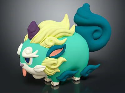 Cute Creature Character With Green Body Yellow Mane Purple Horn Blue Tail Sticking Tongue 3d model