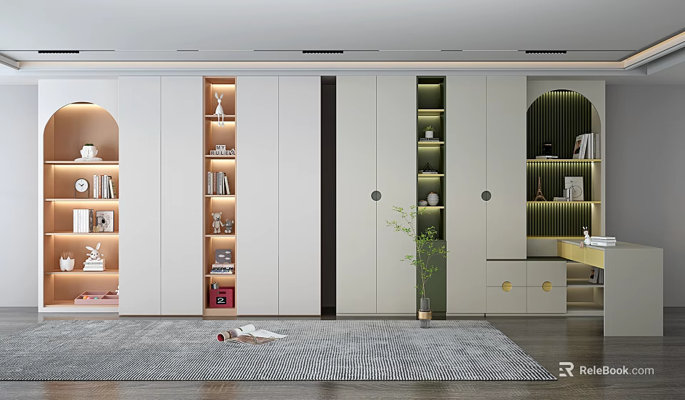 Modern Elegant White Green Built in Bookcase With Glass Doors Lighting Strips And Books 3d model 